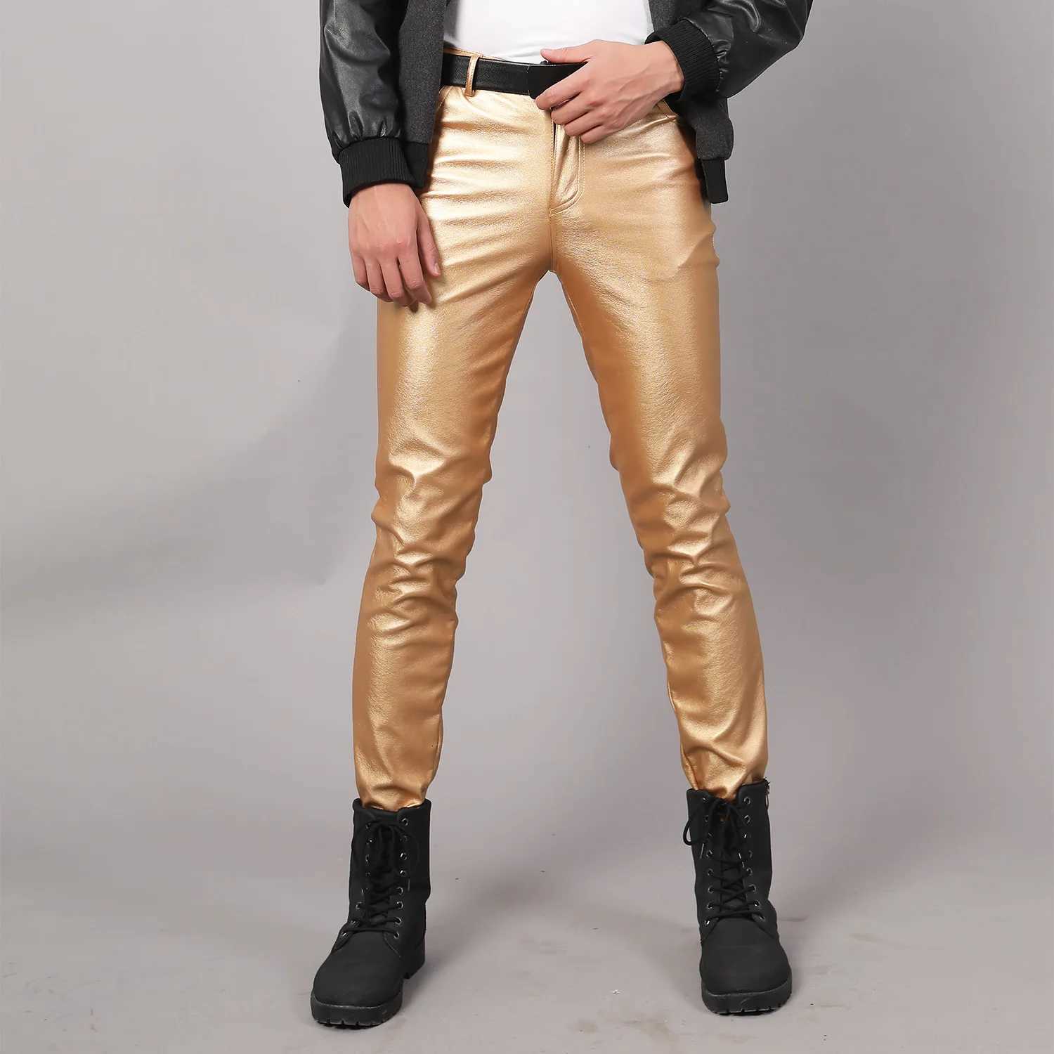 Spring Summer Moto Skinny Elastic Faux Leather Pants Men Black Gold White Thin PU Leather Trousers Brand Men Clothing 28-38 40 W250819