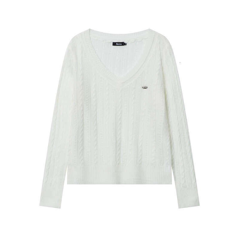 Platinum Hand-Sewn Label Spring Solid Color Fashion V-Neck Long Sleeve Cable Knit Sweater For Women B3