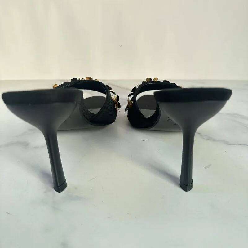 Peep Toe Women Summer Modern Sandals Metal Flower Decoration Dress Party Daily Casual Mules Stiletto Female High Heels Shoes