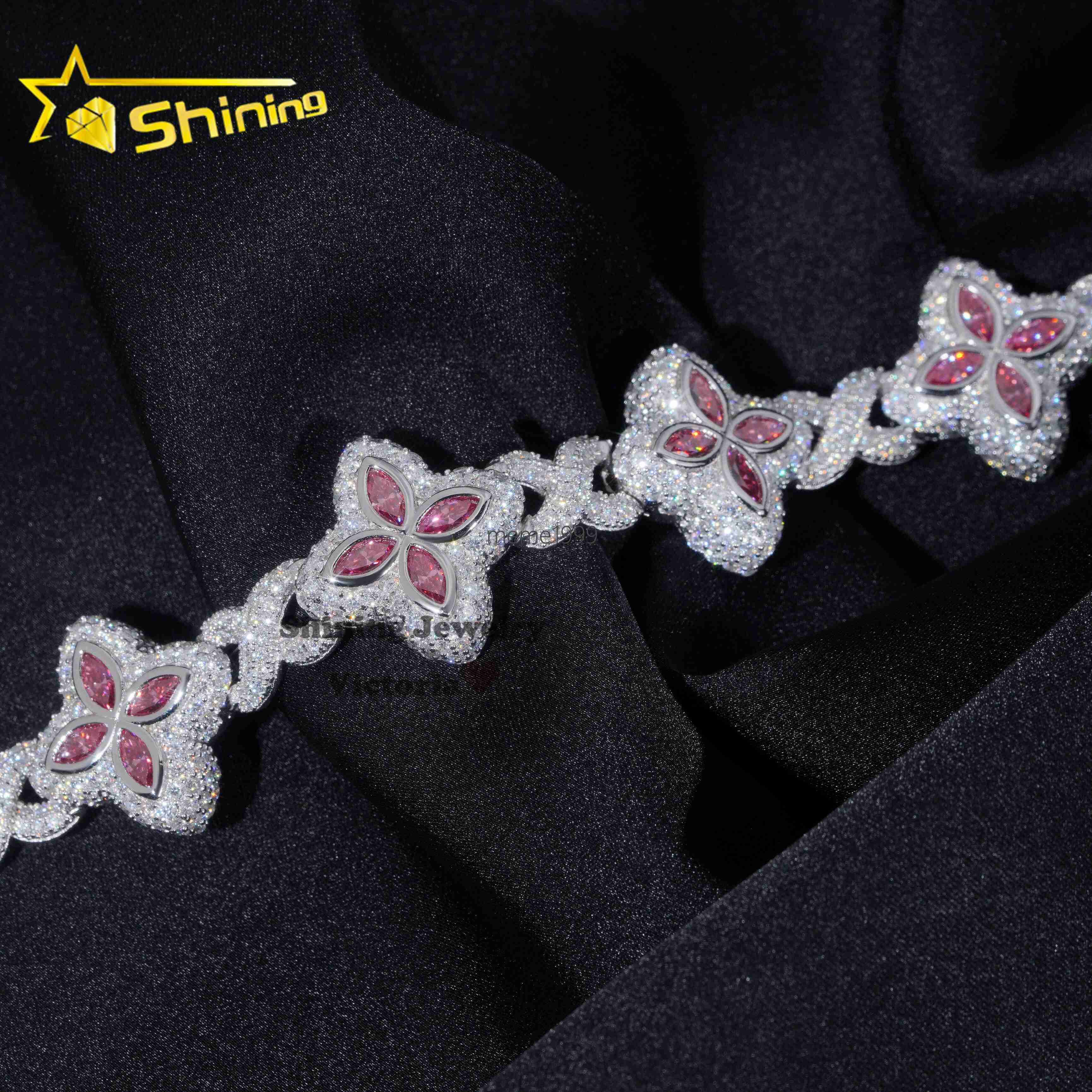 18MM Hip Hop Style Sterling Silver Iced Out Clover Infinity Link Bracelet Jewelry Pink Marquise Moissanite Clover Cuban Bracelet