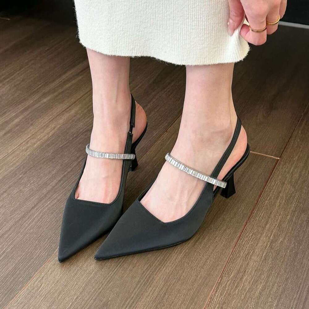 Designer French Shoe Back Strap Pointed Toe High Heels 2025 Spring Summer Fairy Style Single Shoes Sandals for Women Black