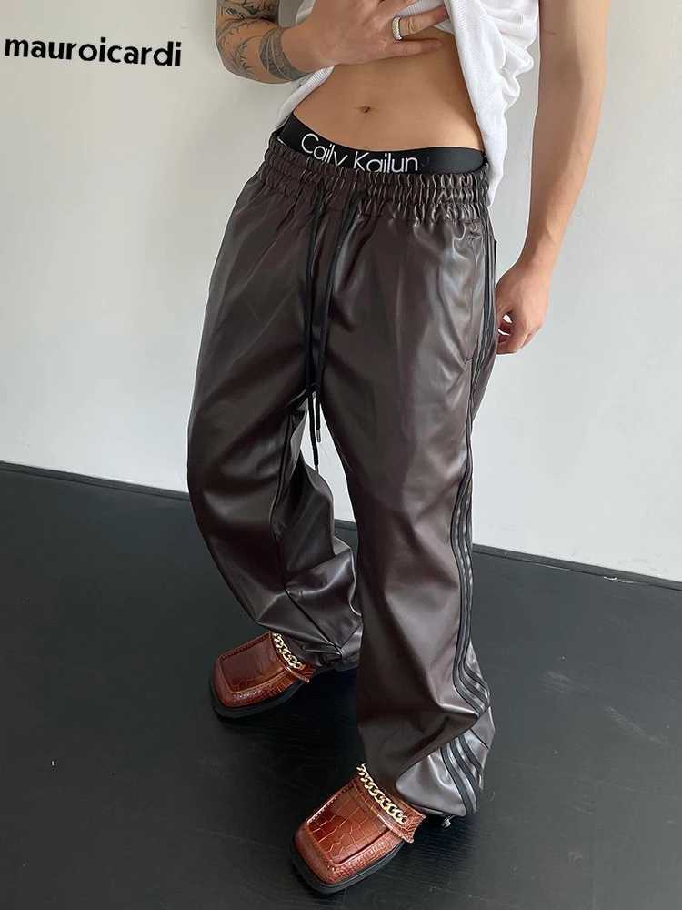 Mauroicardi Spring Autumn Cool Black Soft Stretchy Waterproof Pu Leather Pants for Men with Elastic Waist Loose Casual Clothes W250819