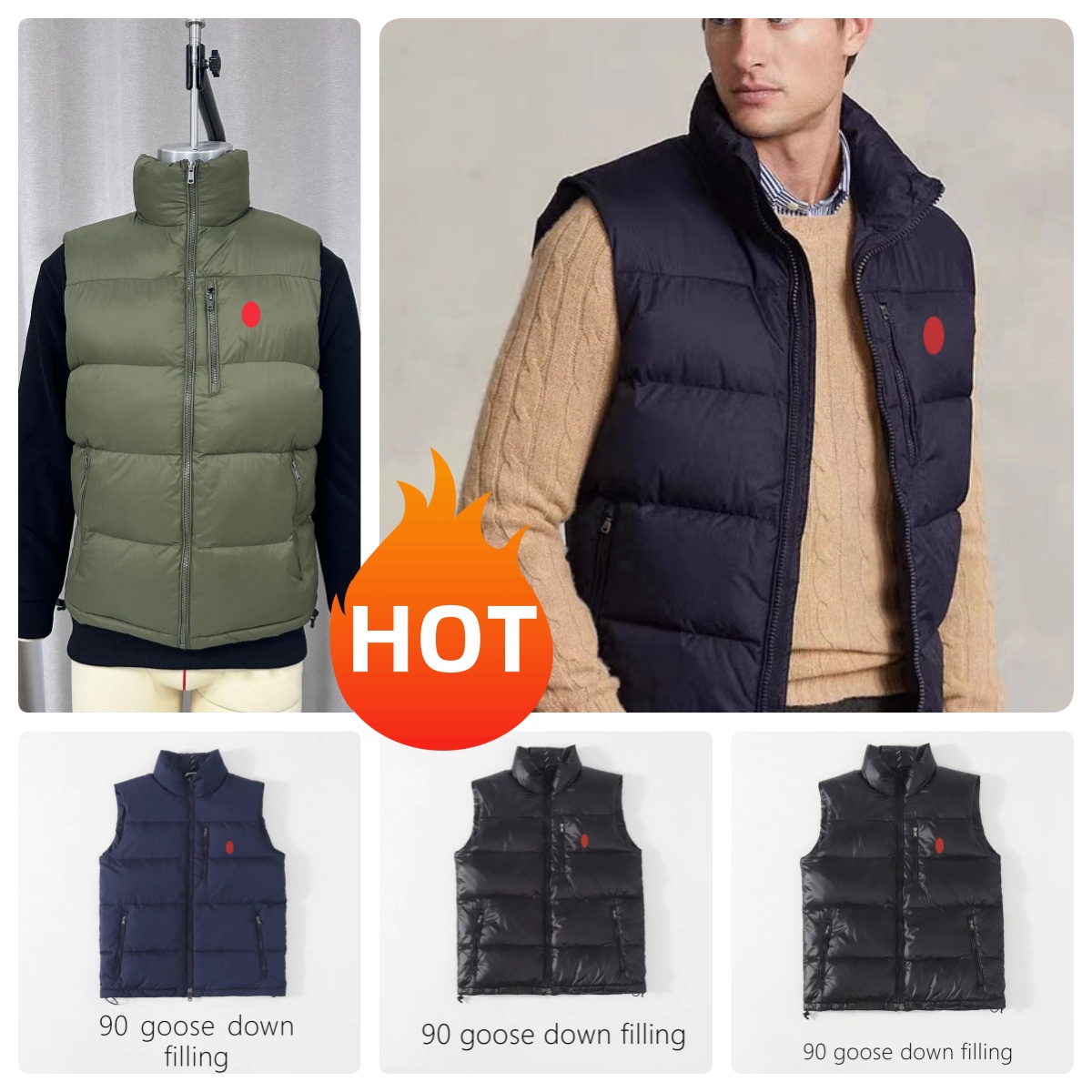 designer Horse Embroidery Zipper Vest veste sans manche Mens White duck down quilted jacket Cotton work jacket Puffer Vest Designer Mens Gilet