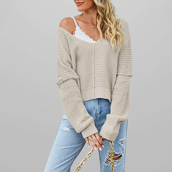 New Off-Shoulder Autumn Winter Women's V-Neck Solid Color Loose Knit Sweater B5