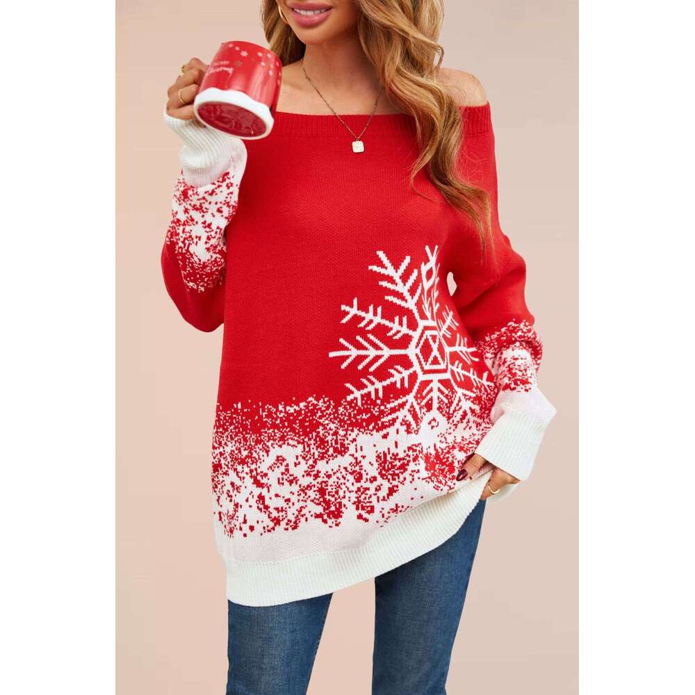 Women's Small Snowflake Sweater Autumn Winter Casual Off-Shoulder Knitted Top B5