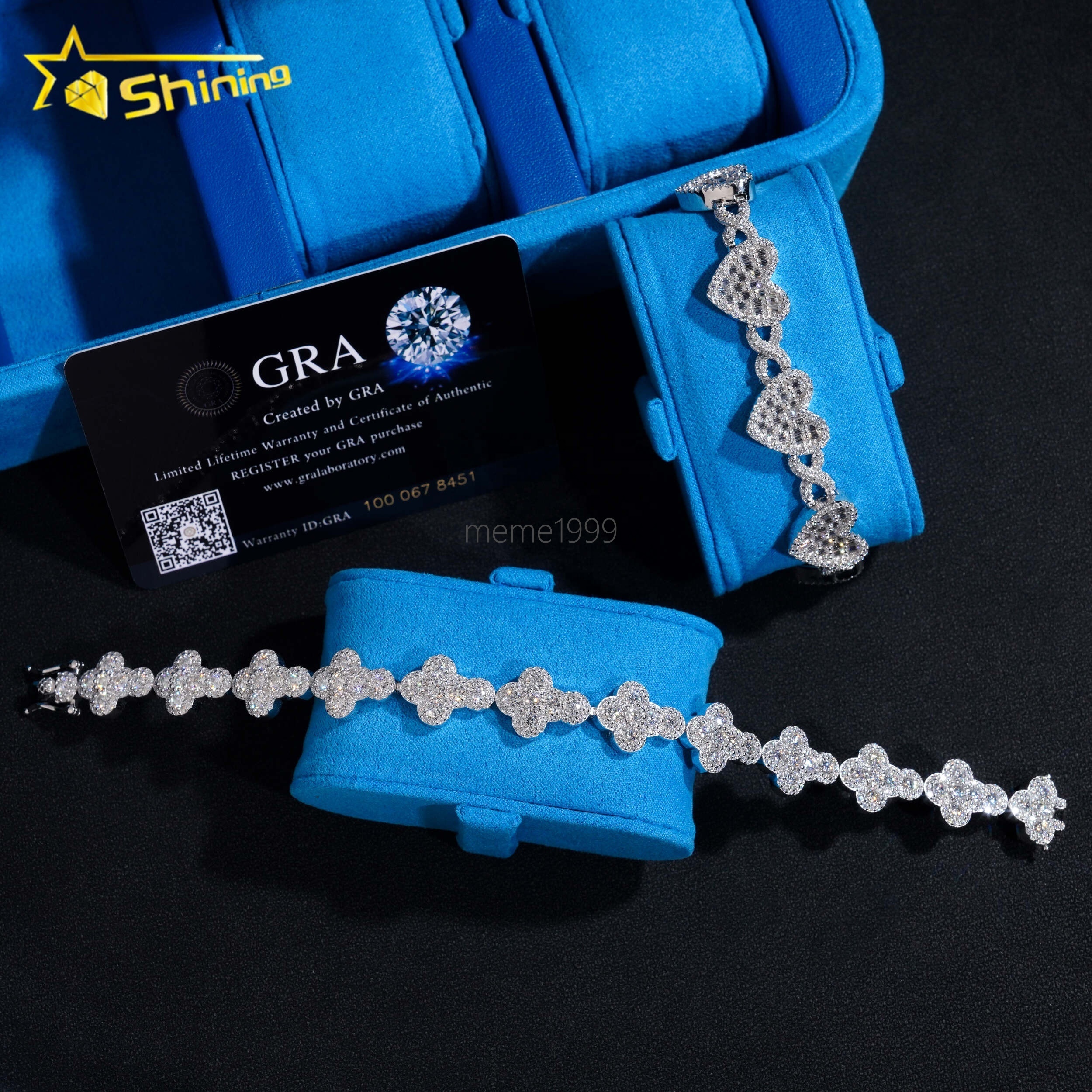 New Popular High Quality Fine Jewelry Sparkle Iced Out Heart 925 Sterling Silver Diamond Moissanite Cuban Link Bracelet