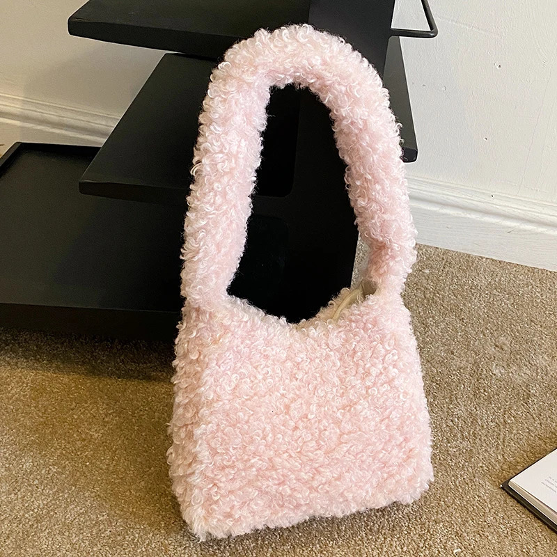 Solid Color Faux Lamb Wool Womens Shoulder Bag Vintage Soft Plush Ladies Underarm Bags Fur Female Fluffy Tote Handbags 250818