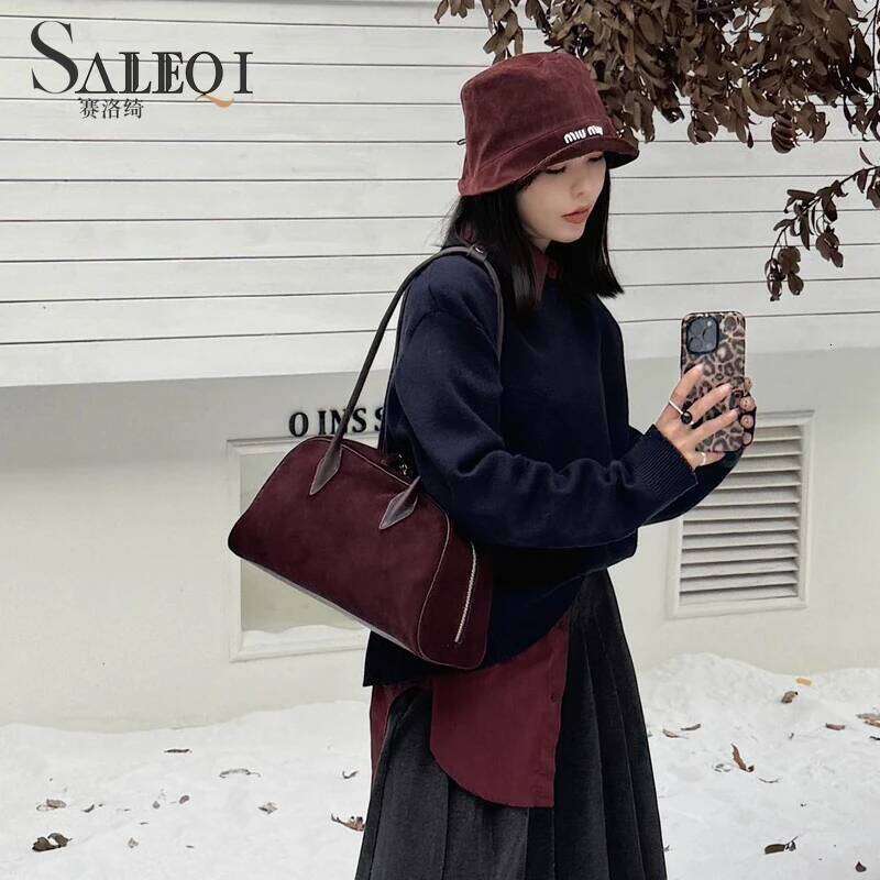 Genuine Grade Boston Underarm Female Big Women's Fashion Bowling Suede Frosted Cow Leather Shoulder Bag Long-Handle Handbag