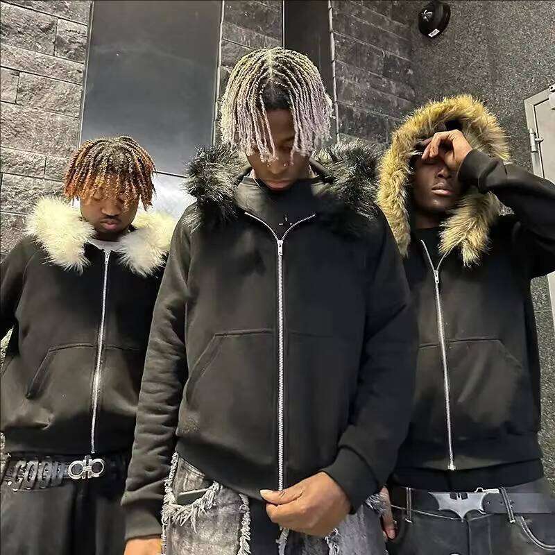 Sweatshirts High Quality Plus Size Men's Fur Zip up Sweat Wear Capucha Hoodie for Men