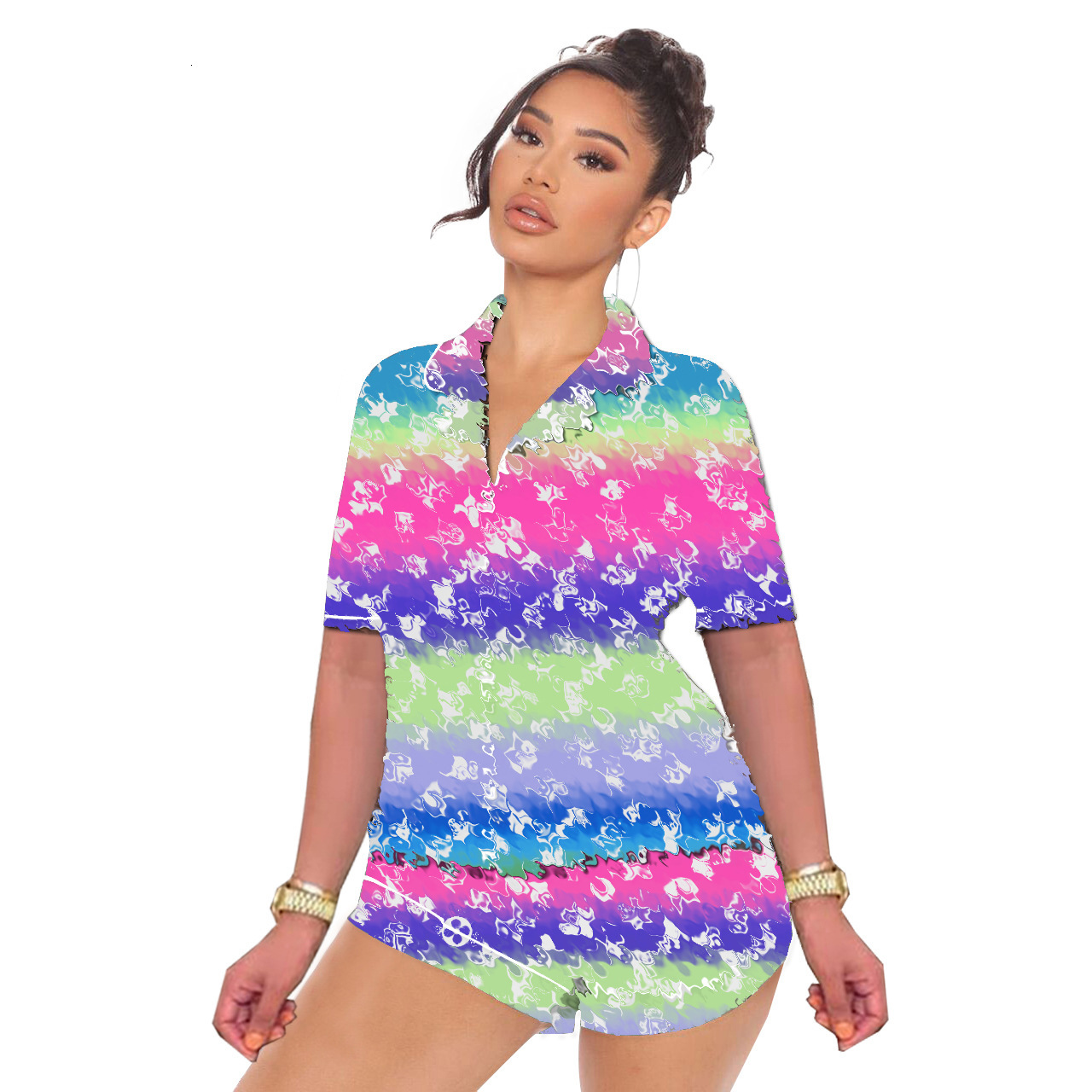 D9370 womens casual fashion pattern printed short sleeve pajamas two piece home wear