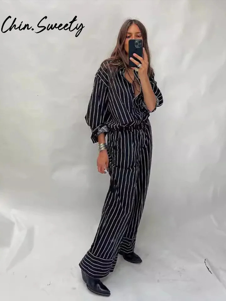 Casual Striped Print Top Trousers Women Set Long Sleeve Lapel Button Shirt Wide Leg Pleated Pants Autumn Elegant Lady Suit 250819