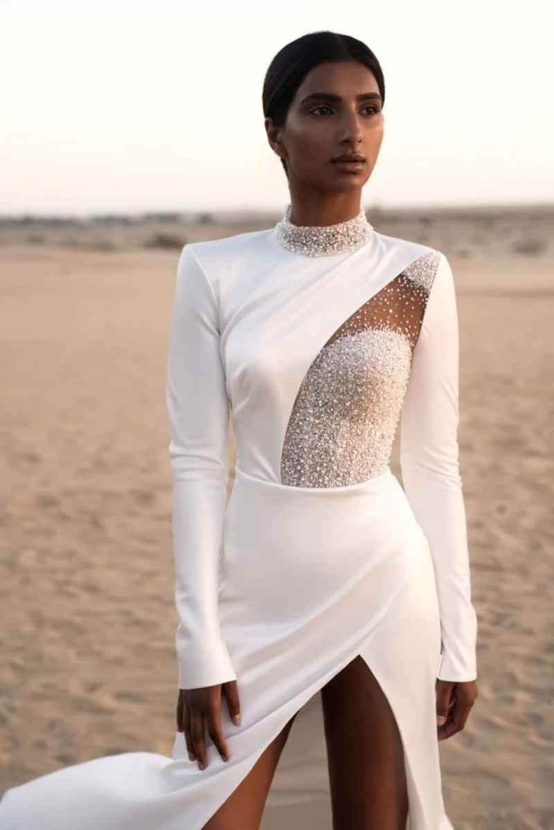 Elegant Mermaid Wedding Dresses O Neck Beaded Sequins Bride Dress Illusion High Splits Sweep Train Bridal Dress Customized