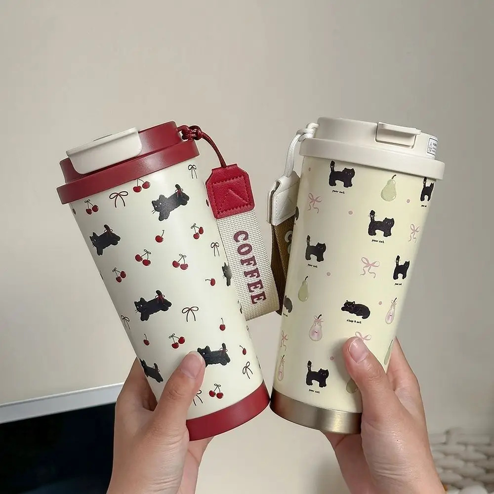 Cute Cherry Cat Tumbler 500ml Kawaii Water Bottle Stainless Steel Thermal Cup With Straw Portable Coffee Thermos For Tea Gift 250818 W260226