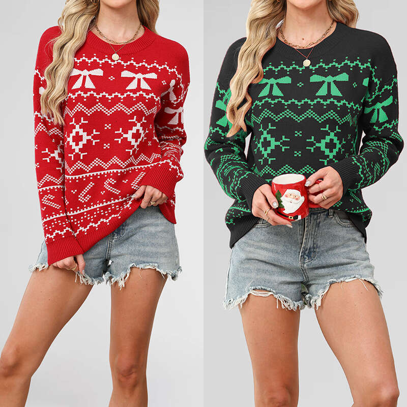 Autumn And Winter Women's Christmas Snowflake Element Sweater Casual Knitted Top B3