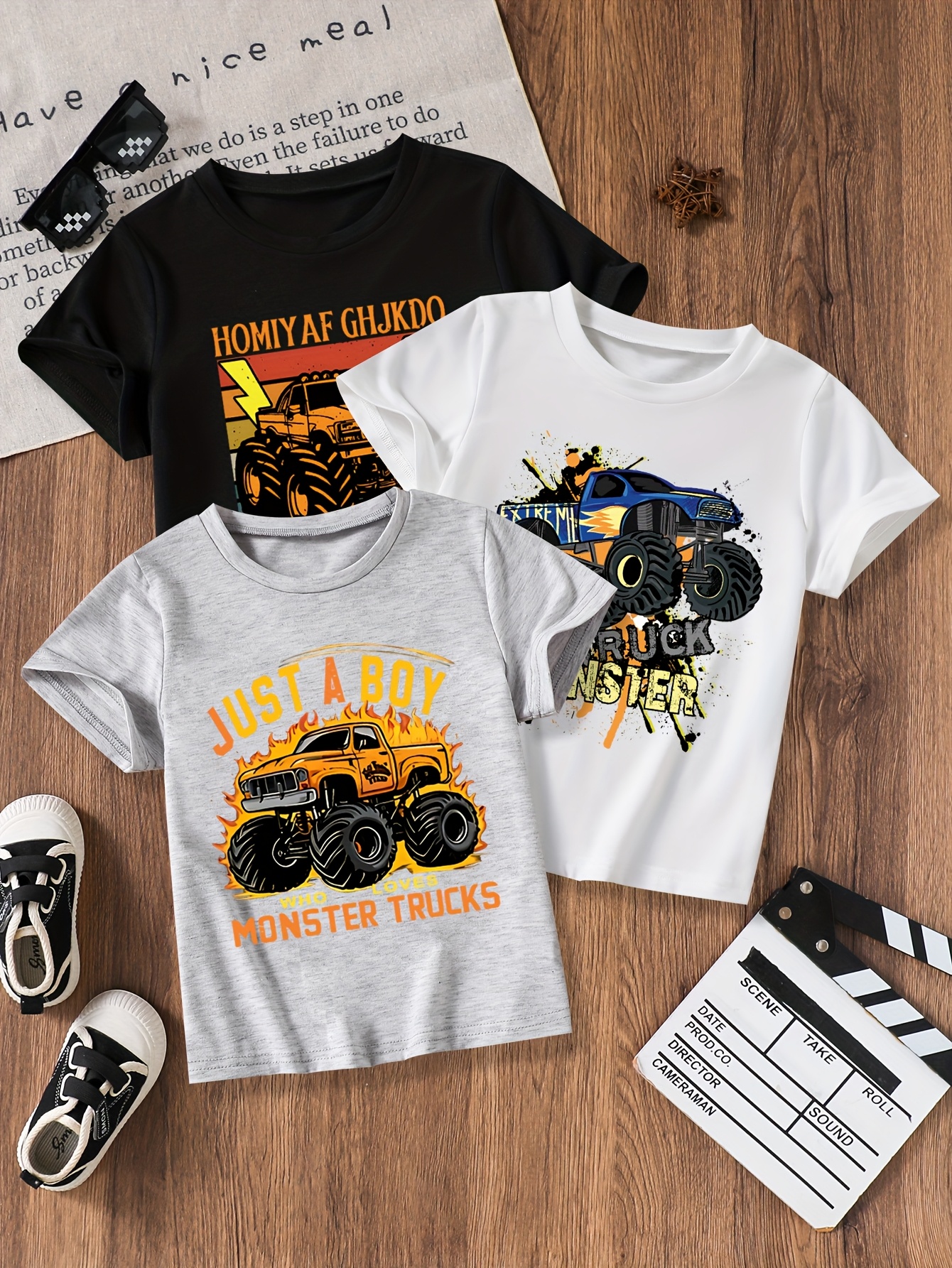 T-shirts Boys Printed Breathing Quick Dry Set - Trio Pack of Short Sleeve Tees Featuring Offroad Vehicles