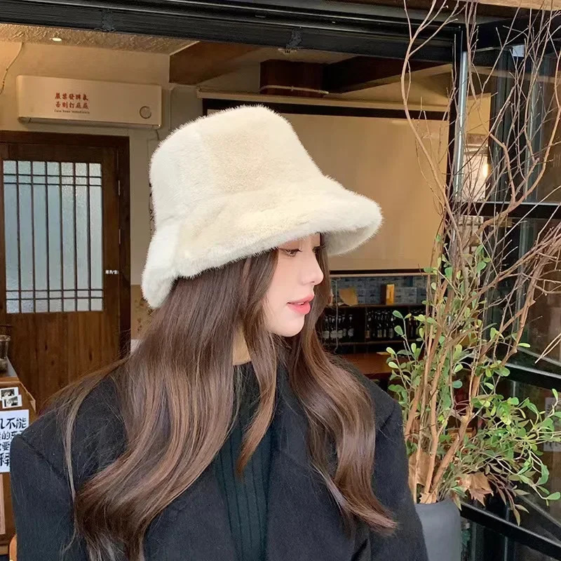 Fluffy Fur Fisherman Hat for Women Winter Plush Ear Protection Cap Solid Fashion Bucket Hat Windproof Warm Female Panama Caps 250819