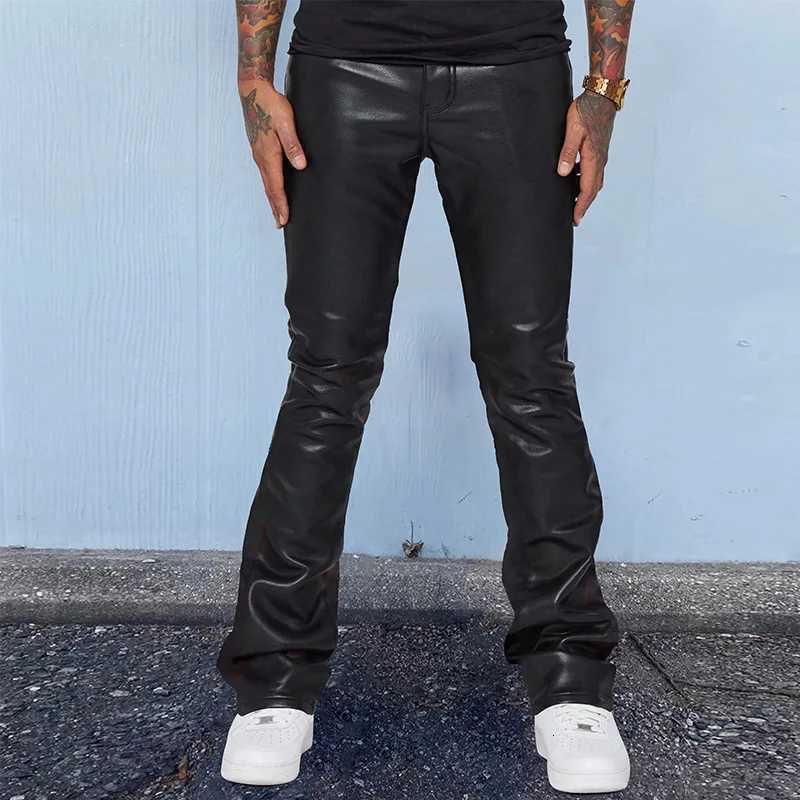 Leather Pants Men Long Pant Solid Mid Waist Casual Regular Pleated Splice Straight Trousers with Button Pocket for Autumn Winter W250819