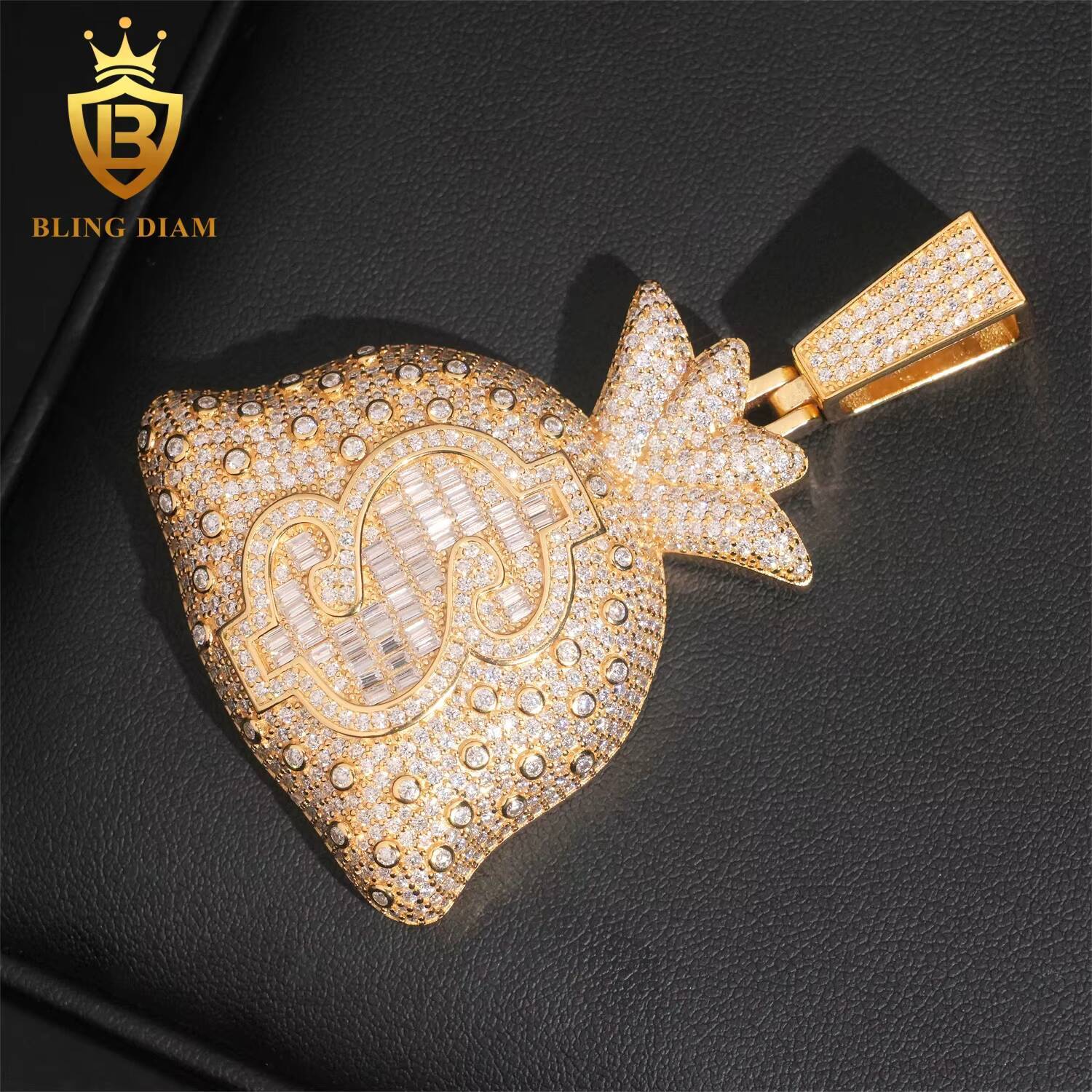 GRA Certified Iced Out Diamond Pendant Men Custom Hip Hop 925 Silver Gold Vvs Dollar Money Bag Pendant Fine Jewelry