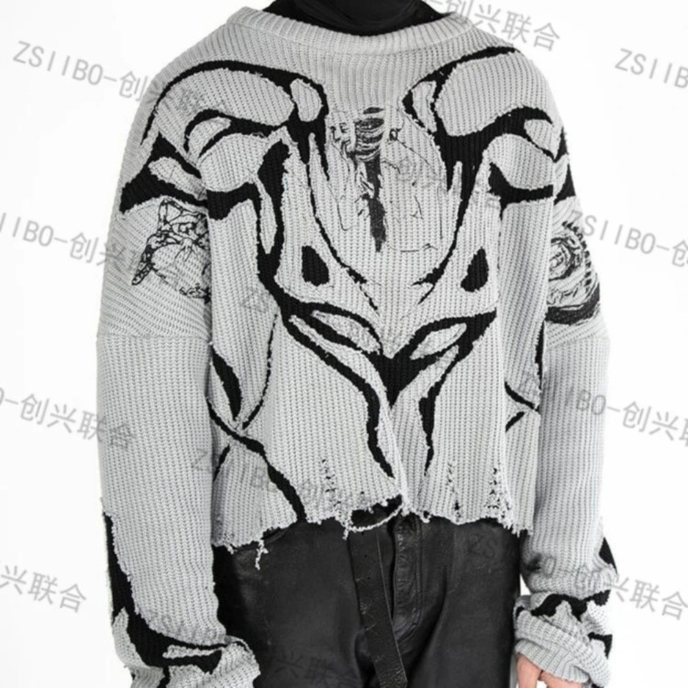 Y2k Destroyed And Torn European American Sweaters Harajuku Hole For Men Ecotree Printed Black Gray Pullover Sweater 250819