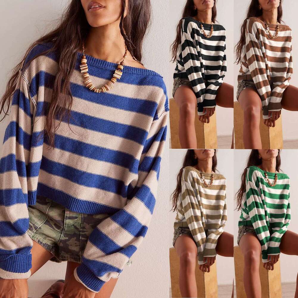 New Autumn Winter Pullover Loose Sweater Striped Short Knitted Top For Women B5