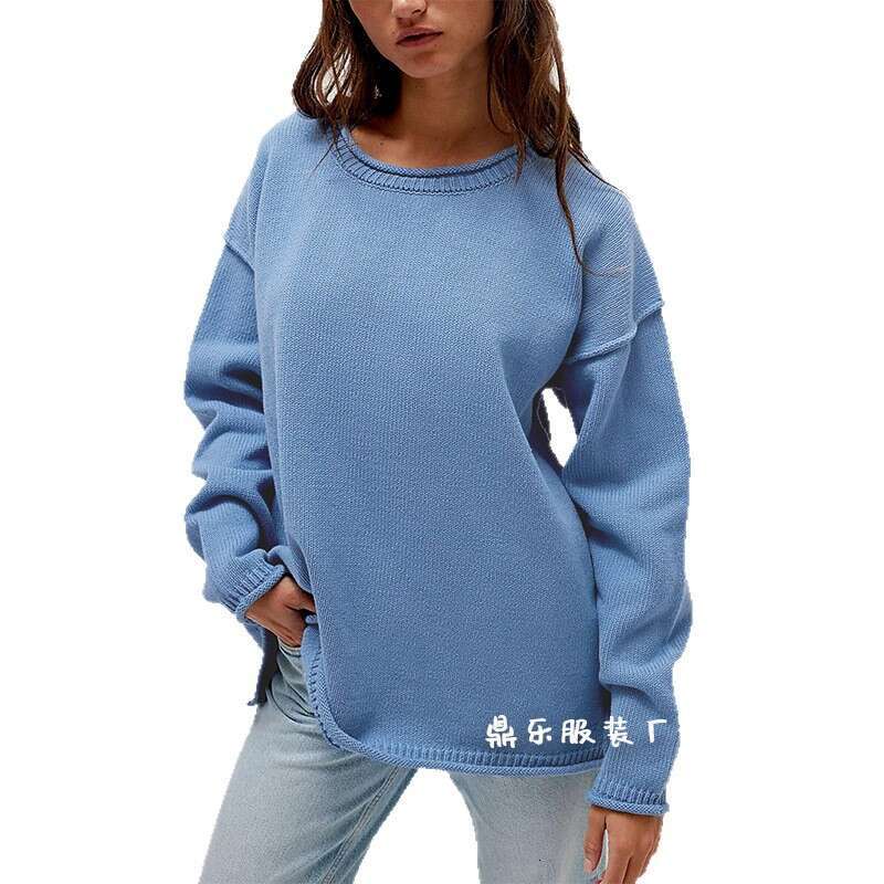 Women's Autumn And Winter New Solid Color Round Neck Loose Fit Versatile Basic Pullover Sweater B3