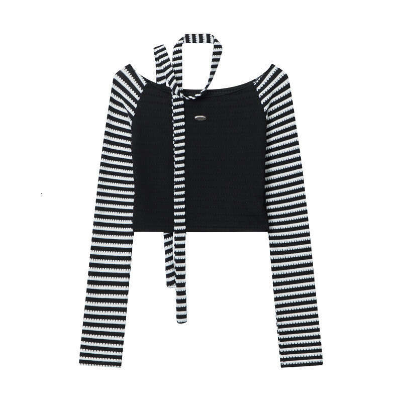 Spring New Off-Shoulder Pure Desire Ribbon Design Long Sleeve T-Shirt Women's Striped Top B5