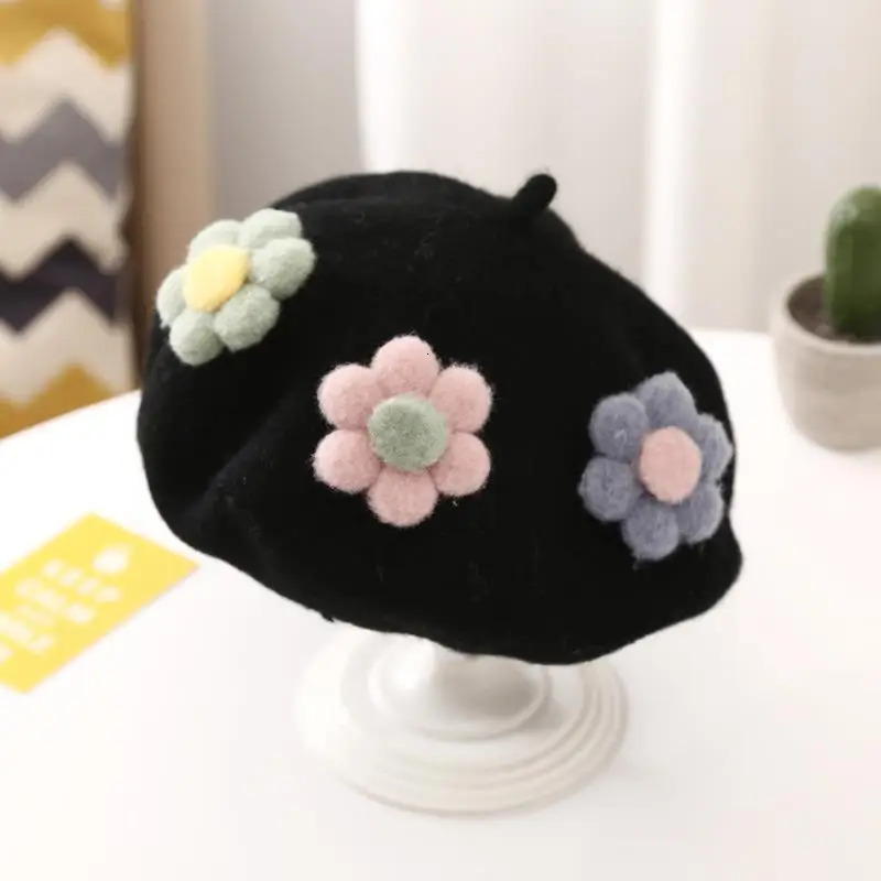 Princess Children Girl Baby Wool Beret Hat Cute Super Spring Autumn Parent Women Kids Three Flowers Painter Hat 250819