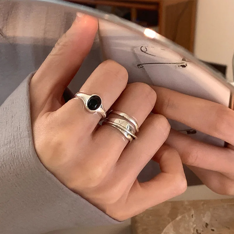 925 Silver Open Finger Ring Black Stone Multilayer Punk Geometric Stackable For Women Girl Jewelry Gift Dropship Wholesale 250815