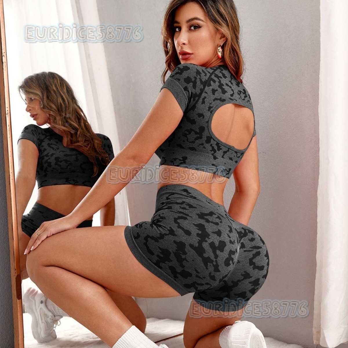 Camouflage Sports Tight Yoga Top for Women Quick-dry Running Breathable Hollow Seamless Short Sleeve Fitness Shirt H250819