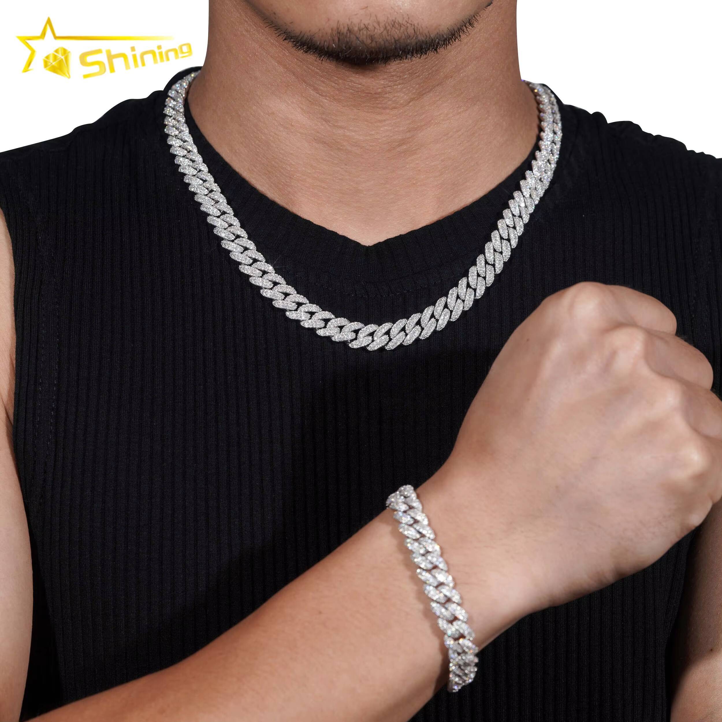 Factory Price High Quality VVS Diamond Two Row Moon Shape 925 Silver 10MM Moissanite Cuban Link Chain