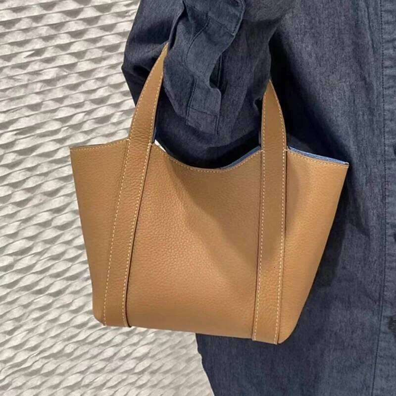 Double Sided Vegetable Basket Fashion Lychee Pattern Genuine Leather Handbags For Women Large Capacity Bucket Bag