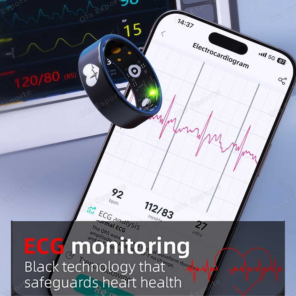 New ECG Smart Ring Men Women Charging Box Body Temperature Blood Pressure Health Monitor 5ATM Waterproof Remote Control Rings W250819