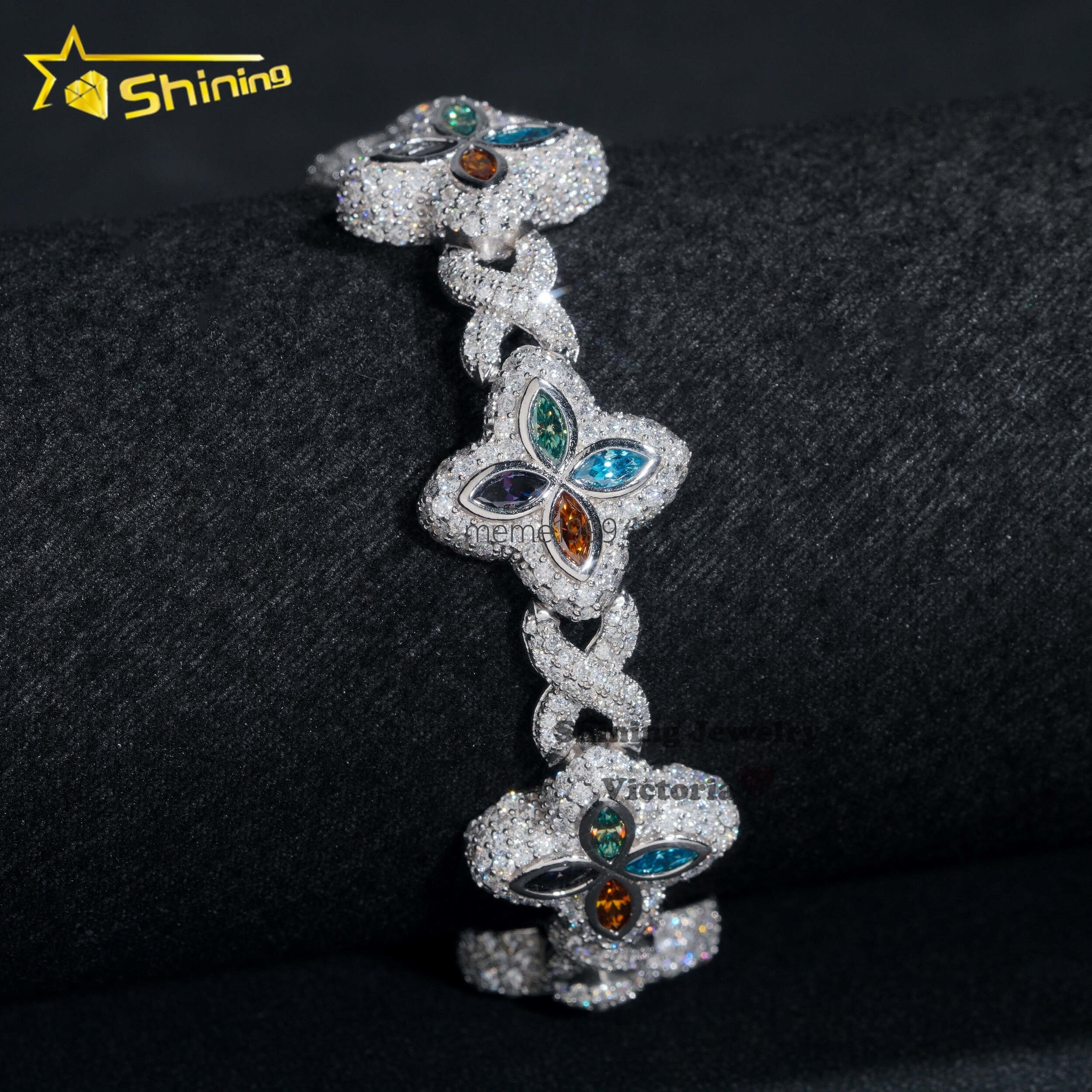 New Arrival Trendy Rapper Jewelry Iced Out 925 Silver Plated Moissanite Clover 18MM Infinity Link Cuban Bracelet Men