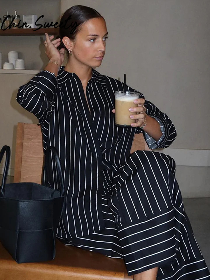 Casual Striped Print Top Trousers Women Set Long Sleeve Lapel Button Shirt Wide Leg Pleated Pants Autumn Elegant Lady Suit 250819