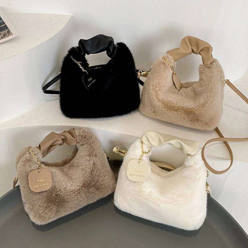 Autumn And Designer Furry Handbag Purses for Women PU Leather Shoulder Fluffy Soft Crossbody Fall Winter Ladies Top Handle Clutch Purse Bag