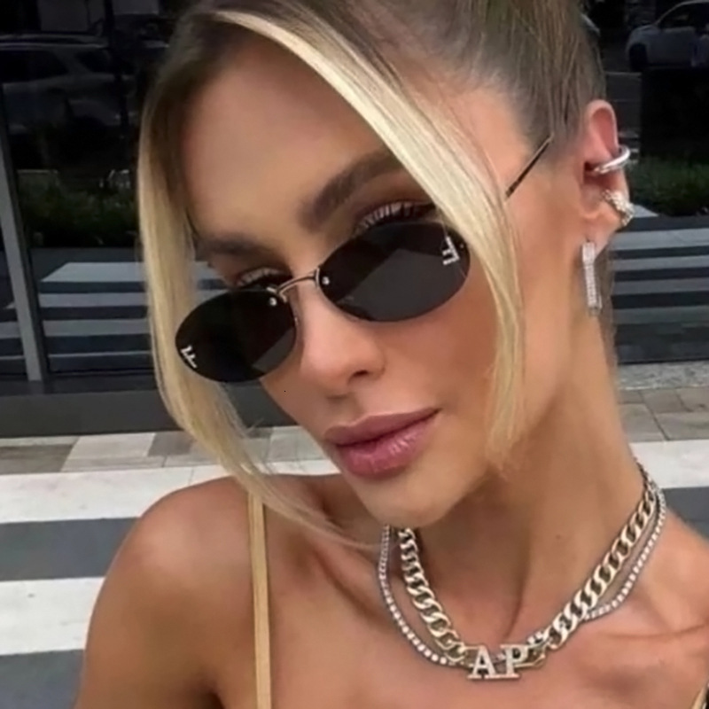 Oval Small Frame New Frameless Cut Edge Personality Glasses Unique F Letter Dot Diamond Sunglasses