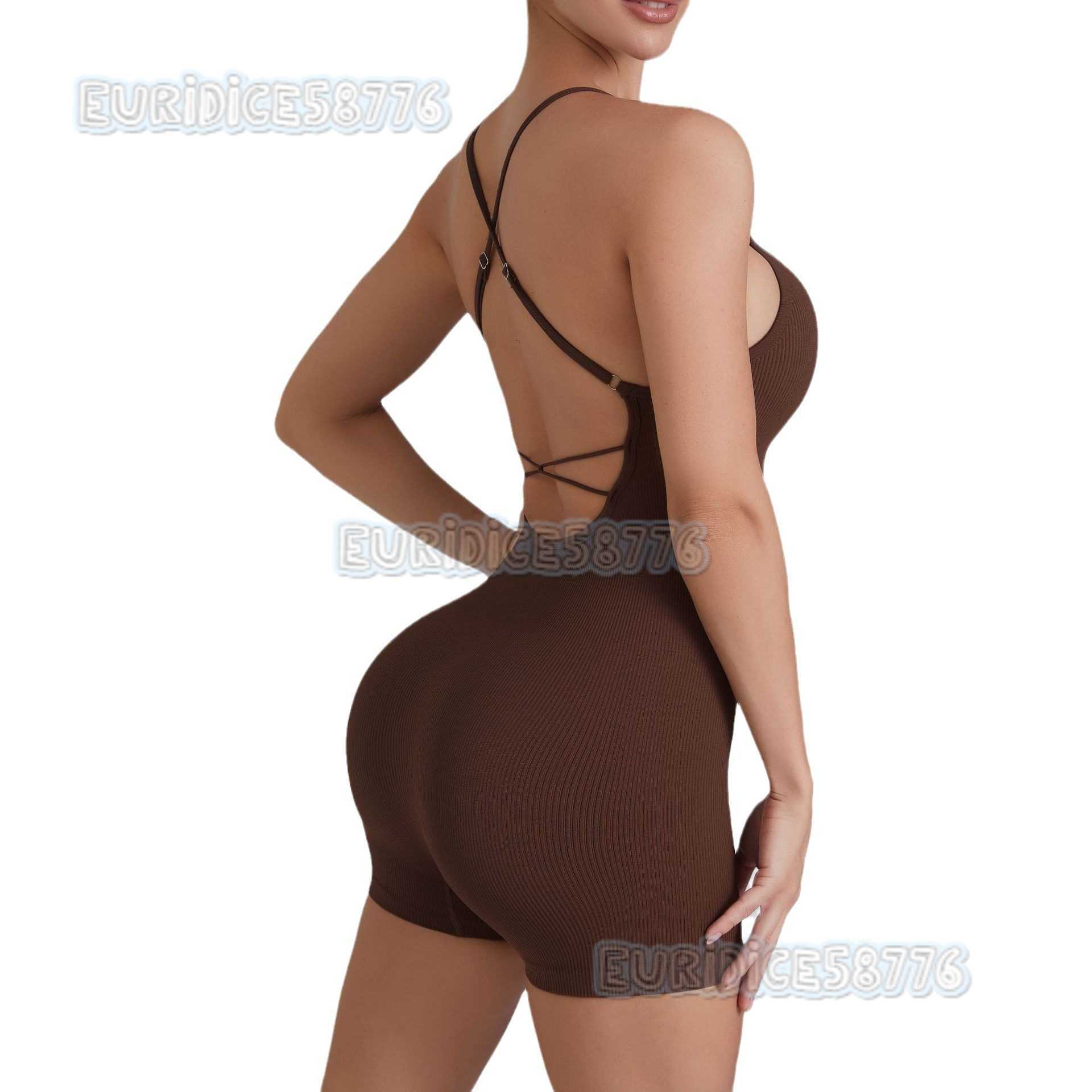 Oil Heart Strap Beauty Back Yoga Jumpsuit Ribbed Thin Strap Sports Bodysuit Slim Fit H250819