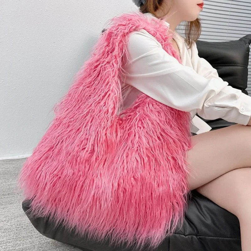 Wool Womens Plush Shoulder Bags Y2k Fur Drawstring Bucket Bag Fashion Female Furry Purse Tote Handbags 250818