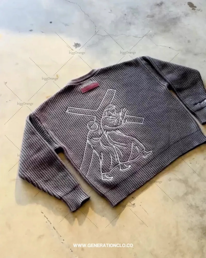 American Retro Cartoon Fashionable Letter y Casual Loose Round Neck Sweater Men Street Harajuku Fashion Dark Gray Top 250819