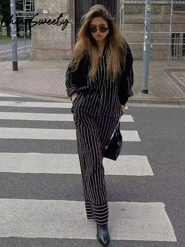 Casual Striped Print Top Trousers Women Set Long Sleeve Lapel Button Shirt Wide Leg Pleated Pants Autumn Elegant Lady Suit 250819