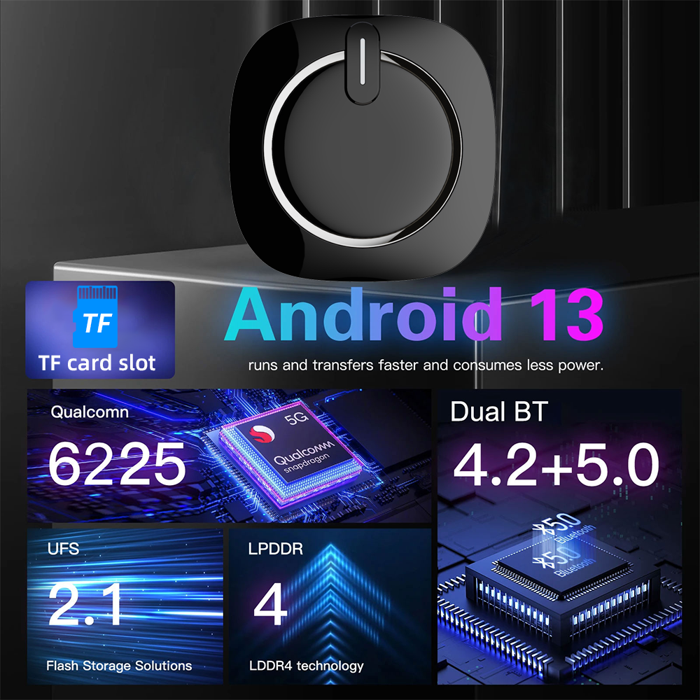 Kowankit Wireless Carplay Android Auto AI Box, Plug & Play Fits Cars, 2in1 Android 13 4+64GB Car Play Adapter, QCM6225, No Delay, USB-Powered, Battery