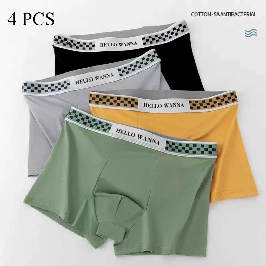 4PCS Men Solid Color Antibacterial Underwear Mid-Waist Loose Comfortable Breathable Letter Plus Size Boxers Large Size Underwear L-4XL W250819