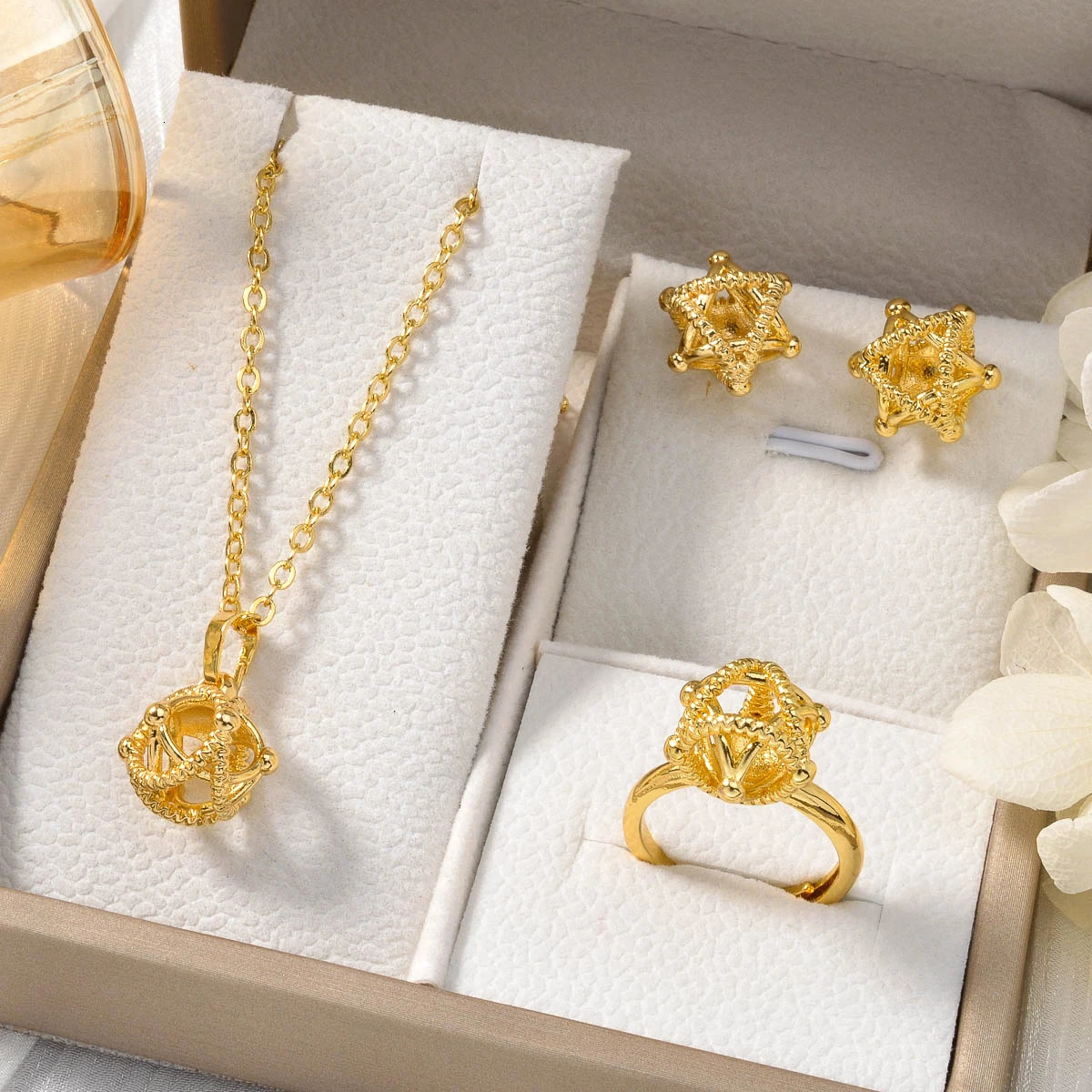 3PCS Jewelry Sets Fashion Pendant Gold Color Necklace Earrings Ring Women Female Gift Jewelry for Party Wedding Anniversary 250818