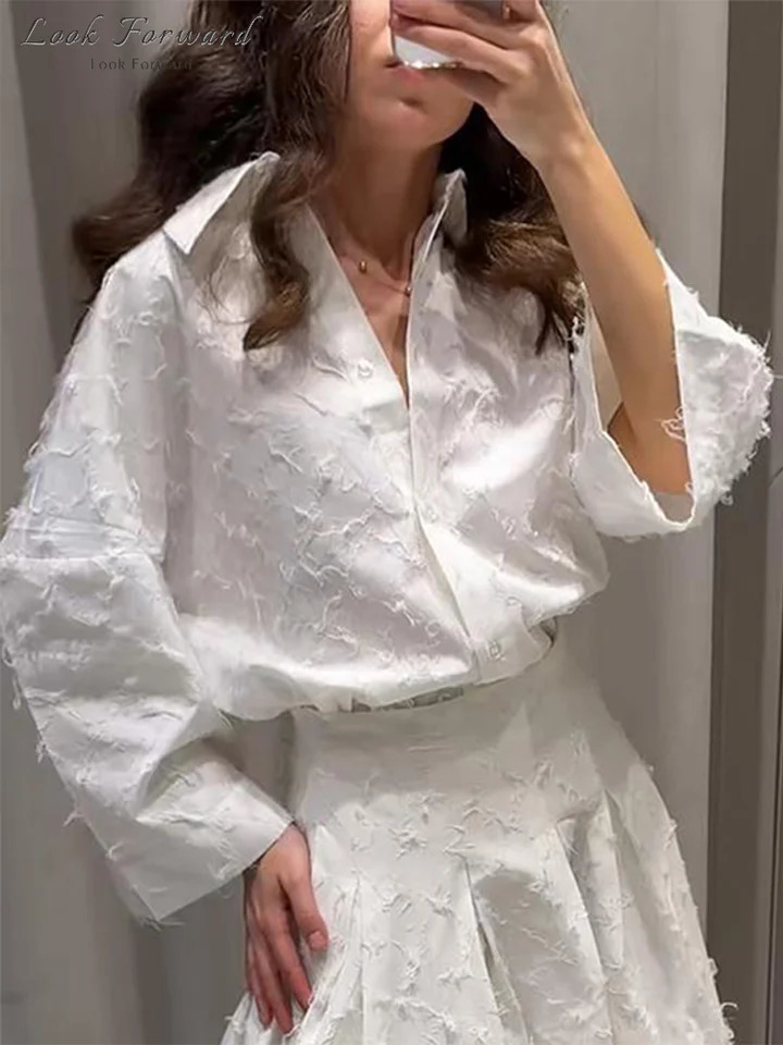 Tassel Shirt Long Skirt Suit Women Loose Lapel Buttons Blouse Aline Set Female Full Sleeve 2025 Autumn white Sets Lady 250819