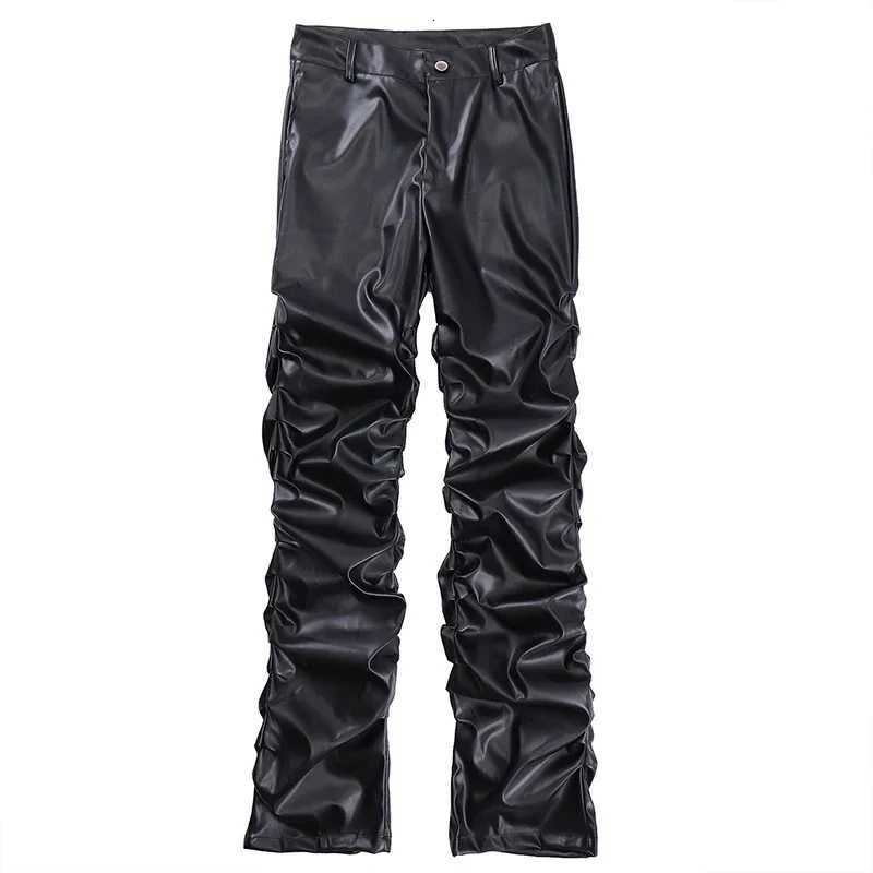 Hip Hop Mens Pleated PU Leather Pants Harajuku Retro Streetwear Loose Ruched Casual Trousers Straight Solid Color Black Pants W250819