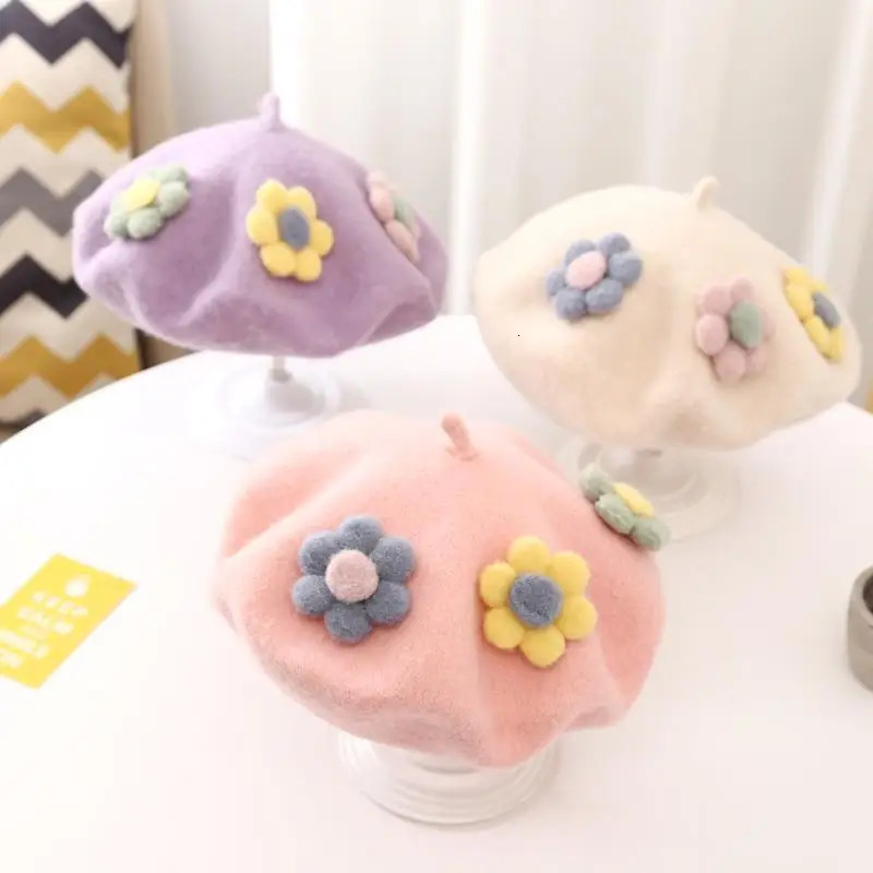 Princess Children Girl Baby Wool Beret Hat Cute Super Spring Autumn Parent Women Kids Three Flowers Painter Hat 250819