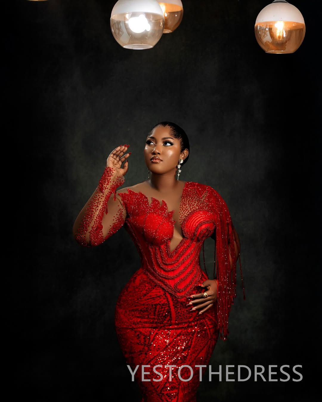 Plus Size Red Mermaid Prom Dress 2025 Evening Dresses Robe De Sorrie Sheer Neck Illusion Beaded Lace Tassel Birthday Dress Second Reception Gowns AM26