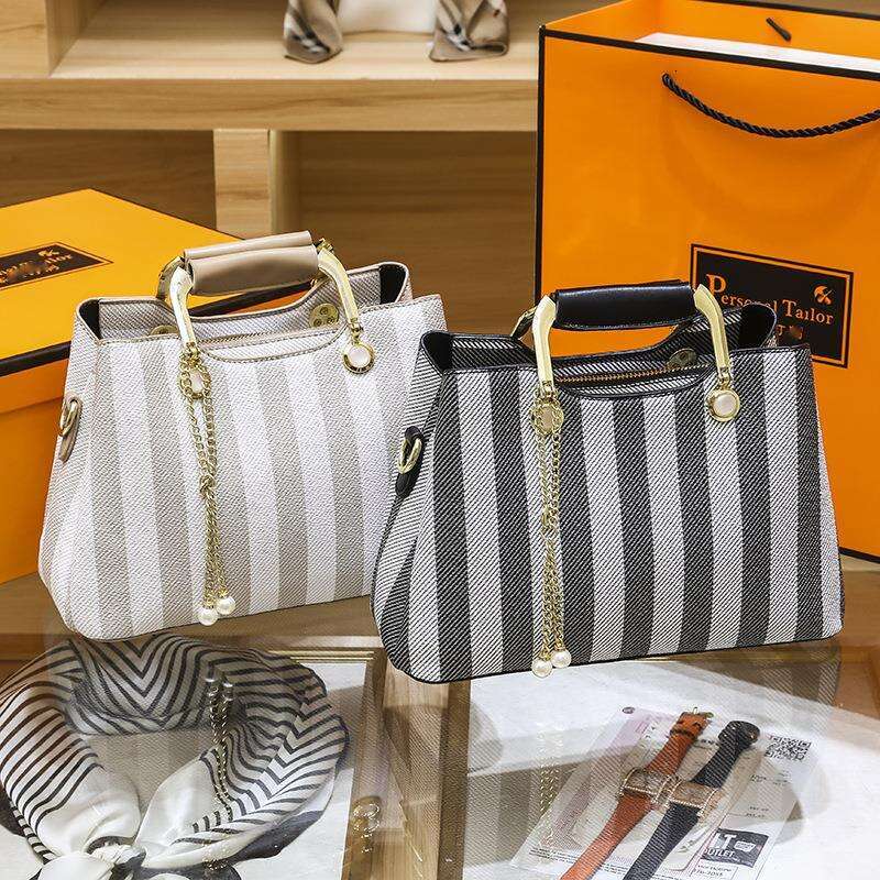 Chic Ladys Stripe Patterned Shoulder Tote - Versatile Multi-Shade Design