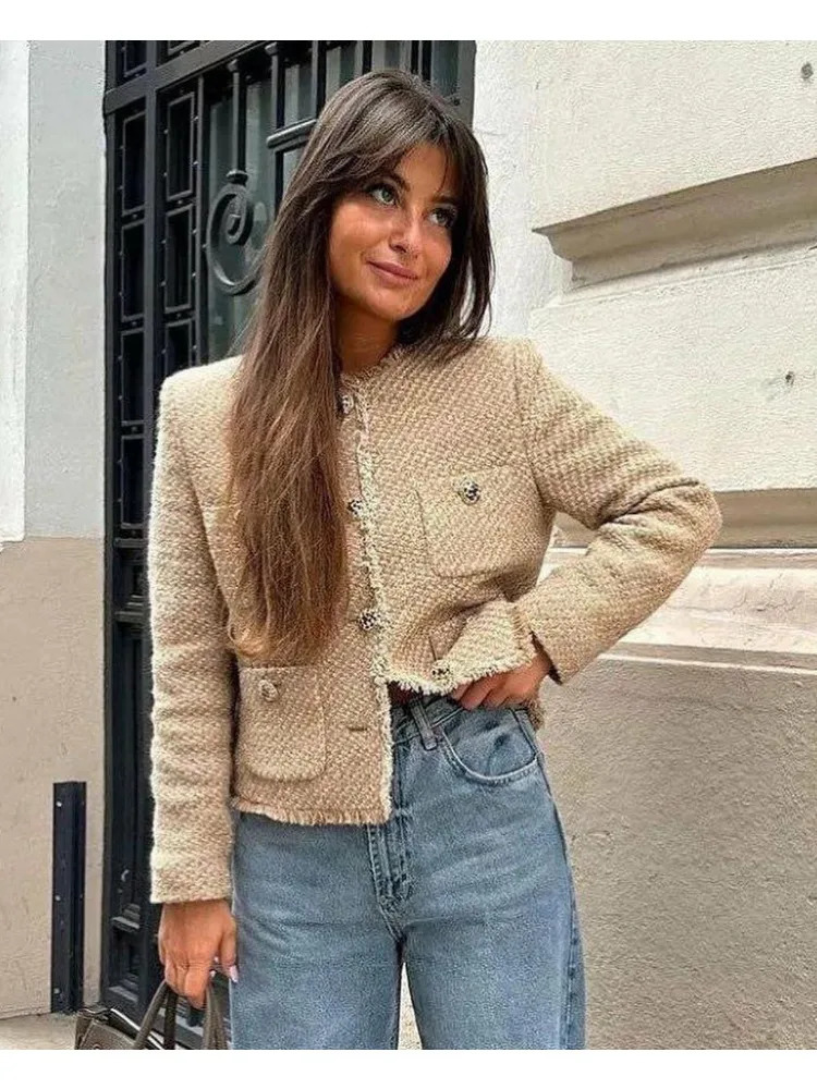 Chic Female Tweed Basic Jacket Coat Women Clothing Woolen Outerwear Long Sleeve Front Button Female Outerwear Chic Tops 250818