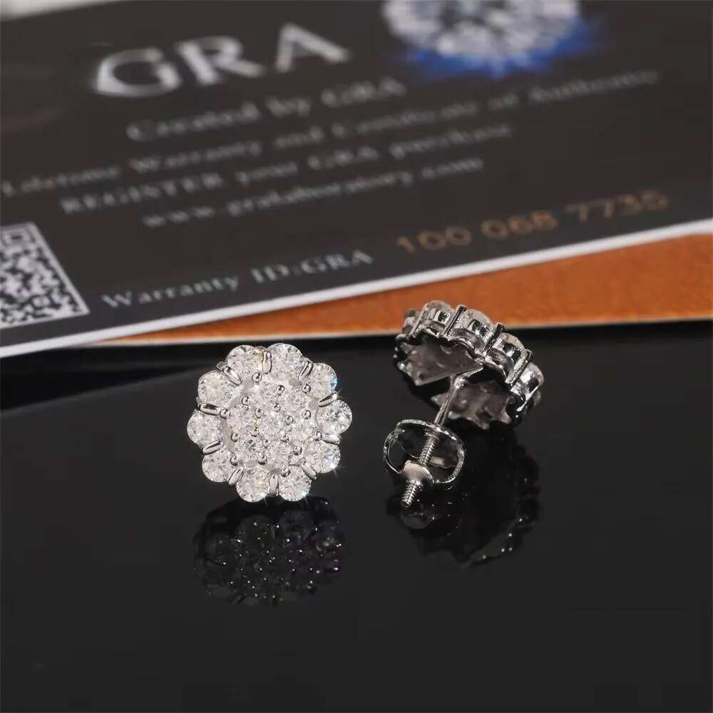 Pass Dia Tester Hip Hop High Quality Sier Screw Back S Cluster Moissanite Stud Earring